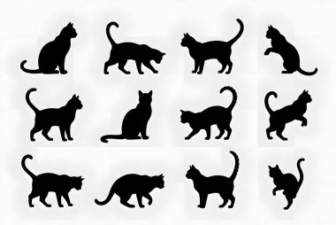 Yürümek, oturmak ve esnemek gibi çeşitli pozlarda siyah kedi siluetlerinin çok yönlü bir koleksiyonu. Minimalist tasarım projeleri ve sanatsal çizimler için mükemmel.