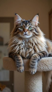 Görkemli yeşil gözlü bir rakun kedi ağacında dinleniyor. Bu tüylü kedi güzel tekir kürkünü ve muhteşem yelesini gösteriyor..