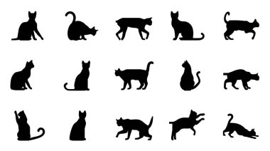 Oturma, yürüme, esneme ve dinlenme gibi çeşitli pozlarda 15 adet siyah kedi silueti. Yaratıcı projeler için yüksek kaliteli kedi elementleri arayan grafik tasarımcılar, el sanatları ve çizimciler için mükemmel.