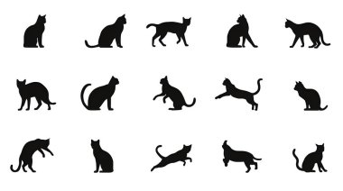 15 siyah kedi siluetinden oluşan kapsamlı bir set. Çeşitli kedi pozları içeriyor. Zıplamak, grafik tasarım ve yaratıcı projeler için oturmak gibi..