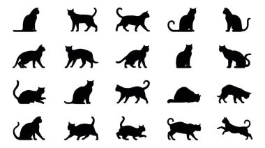 Çeşitli doğal pozlarda yirmi siyah kedi siluetinden oluşan kapsamlı bir koleksiyon. Bu çok yönlü sette kediler oturuyor, yürüyor, esniyor ve dinleniyor, grafik tasarım projeleri ve yaratıcı kedi çizimleri için mükemmel..