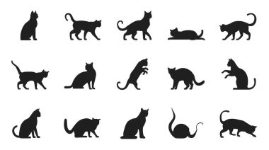Oturma, esneme, yürüme ve dinlenme de dahil olmak üzere çeşitli pozlarda çok yönlü siyah kedi siluetleri koleksiyonu. Minimalist grafik tasarım projeleri, simgeler veya kalıplar için mükemmel.