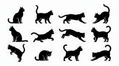 Siyah kedi siluetlerinden oluşan çok yönlü bir koleksiyon. Bu set çeşitli kedi pozları, eylemler ve hareketler içerir temiz minimalist tarzda, grafik tasarım, logolar ve yaratıcı hayvan temalı projeler için mükemmel.