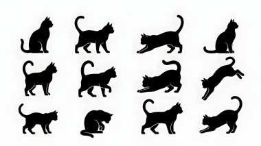 Oturma, esneme ve oyun da dahil olmak üzere çeşitli davranışlar sergileyen siyah kedi siluetleri koleksiyonu. Kedi severler ve grafik tasarım projeleri için mükemmel.