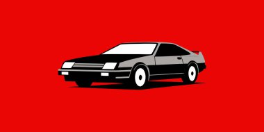 Bu minimalist vektör illüstrasyonunda şık bir coupe tasarımı olan klasik bir spor araba bulunur. Kalın kırmızı arka plan ve geometrik şekiller otomotiv meraklıları ve modern dekorasyon için mükemmel bir pop sanat tarzı yaratıyor..