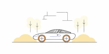 Şarj noktasına bağlı elektrikli bir arabanın minimalist sanat çizgisi çizimi. Bu grafik daha yeşil bir gelecek için sürdürülebilir ulaşım, temiz enerji ve modern çevre dostu teknolojiyi temsil ediyor..