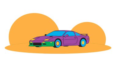 Parlak turuncu arkaplanlı parlak mor renkli bir spor arabanın çarpıcı bir çizimi. Bu modern dijital sanat, düzgün çizgileri ve düz renkleri olan stilize bir coupe içerir..