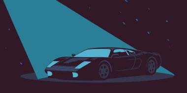 Koyu bir arka planda parlak bir ışıkla aydınlatılan klasik bir spor arabanın stilize edilmiş bir çizimi. Bu retro esinlenilmiş sanat eseri dramatik ve sinematik bir sahnede dikkat çekmeyen bir araç içeriyor..