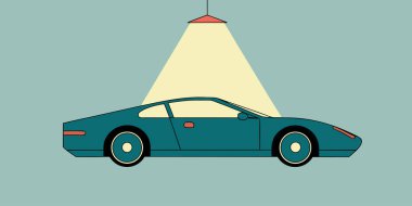 Modaya uygun bir deniz mavisi spor araba bu retro resimde parlak bir spot ışığı altında sergilenir. Klasik otomotiv meraklıları ve duvar sanat dekoru için mükemmel..