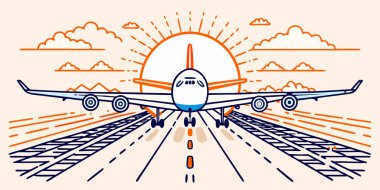 Güzel bir gündoğumu sırasında pistte uçan ticari bir uçağın modern grafik çizimi. Bu tarz sanat tasarımı seyahat ve havacılık ruhunu temiz, minimalist bir şekilde yakalar..