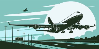 Şehir havaalanı pistinden kalkan ticari bir jet uçağının Retro stili çizimi. Bu klasik sanat eseri, yüzyılın ortası havacılık ve modern hava yolculuğunun özünü yansıtıyor..