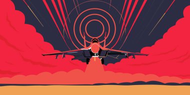Bir savaş uçağının yükselişinin modern grafik çizimi. Hızı ve gücü vurgulayan kırmızı ve mavi gökyüzüne karşı ateşli bir patika oluşturur.