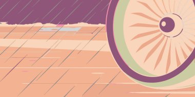 A stylish illustration of a bicycle wheel rolling on a wet road in the rain. This flat color digital artwork captures the movement and atmosphere of cycling through a downpour with a minimalist aesthetic.