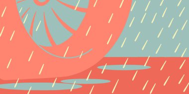 Abstract midcentury modern inspired illustration of a rainy day. Features a stylized blue rain cloud, falling water droplets, and puddles on a vibrant coral background. Utilizes a limited color palette and simple geometric shapes for a clean, graphic
