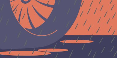 Explore this modern flat design illustration featuring a rainy day scene. Abstract sun, falling rain, and puddles are depicted with a muted color palette of coral and purple, creating a serene and graphic visual.