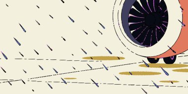 Cesur bir grafik çizimi, dinamik su sıçramalarıyla ıslak ve yağmurlu bir pistte uçak motoru ve iniş takımlarını içerir. Bu stilize görüntü havacılık ve uçuş hazırlıklarının özünü yakalar..