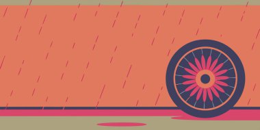Minimalist düz tasarım çizimi, koyu mavi bir tekerlek, pembe tellerle mercan zemin üzerinde yağan yağmur çizgileriyle.