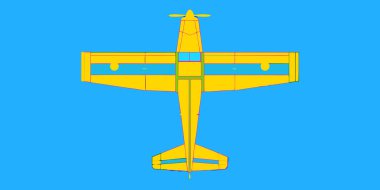 Düz bir tasarım çizimi, parlak sarı bir uçağın düz mavi arka planda yukarıdan aşağıya doğru bir perspektiften görülmesi. Seyahat, havacılık ve ulaşım kavramları için ideal.