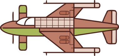 Bu stilize edilmiş düz tasarım çizimi üst perspektiften aşağıya doğru klasik bir pervane uçağını gösteriyor. Retro uçak, seyahat, havacılık ve tarihi temalı grafik tasarım projeleri için ideal hale getirmek amacıyla yeşil ve kahverengi renk paleti kullanır..