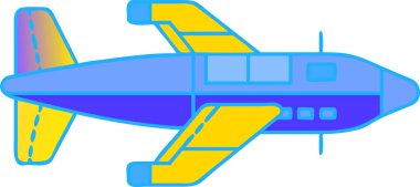 Düz tasarım ve geometrik şekiller içeren modern ve renkli bir uçak çizimi. Bu canlı uçak grafiği, minimalist seyahat ve havacılık teması için mavi ve sarı tonlarını kullanır..