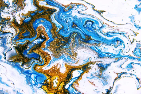 Mooie Abstracte Achtergrond Gouden Blauwe Gemengde Acrylverf Vloeibare Kunst Vloeibaar — Stockfoto