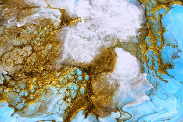 Beautiful Abstract Background Golden Blue Mixed Acrylic Paints Fluid Art — Stock Photo, Image