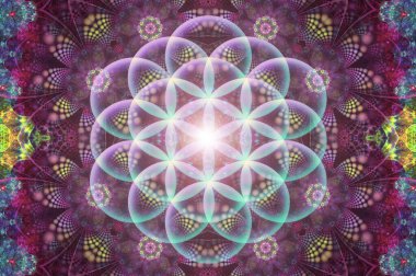 Güzel mandala. Soyut fraktal desenler ve şekiller. Sonsuz evren. Gizemli psikedelik rahatlama kalıbı. Kutsal geometri. Hippi tarzında parlak renkler.
