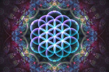 Güzel mandala. Soyut fraktal desenler ve şekiller. Sonsuz evren. Gizemli psikedelik rahatlama kalıbı. Kutsal geometri. Hippi tarzında parlak renkler.