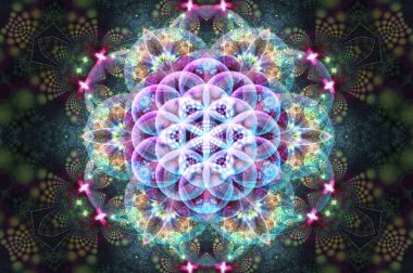 Güzel mandala. Soyut fraktal desenler ve şekiller. Sonsuz evren. Gizemli psikedelik rahatlama kalıbı. Kutsal geometri. Hippi tarzında parlak renkler.