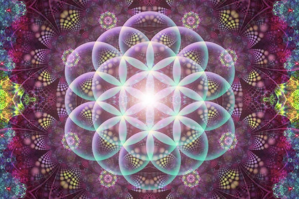 Güzel mandala. Soyut fraktal desenler ve şekiller. Sonsuz evren. Gizemli psikedelik rahatlama kalıbı. Kutsal geometri. Hippi tarzında parlak renkler.