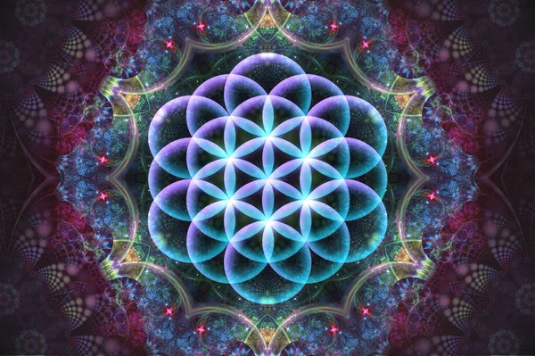 Beautiful mandala. Abstract fractal patterns and shapes. Infinite universe.Mysterious psychedelic relaxation pattern.  Sacred geometry. Bright colors in the hippie style.