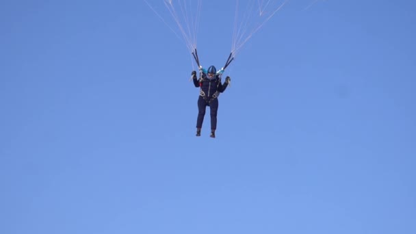 Accurate skydiver is slowly landing on target on trampoline controlling slings. — 图库视频影像