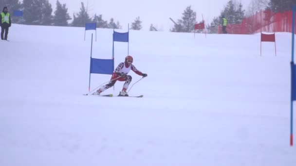 Atleet rolt baan op snelheid op ski bypassing vlaggen vast in sneeuw slowmotion — Stockvideo