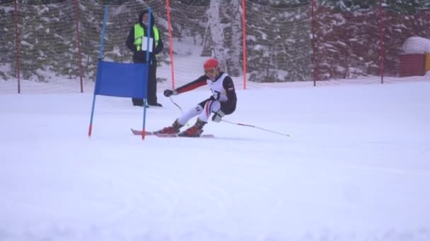 Atleta rueda pista a velocidad en las banderas de esquiar de esquí atascado en la nieve slow motion — Vídeo de stock