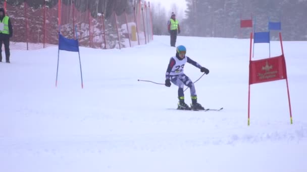 Rolos de atleta rastreiam a velocidade no esqui contornando bandeiras presas na lentidão da neve — Vídeo de Stock