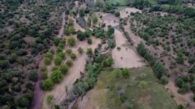 Yunanistan 'da yer alan ve Avrupa' da Akdeniz çalıları ve ağaçlarla çevrili bir sonbahar vadisinde toprak bir yolun yanında bir nehir akıyor..