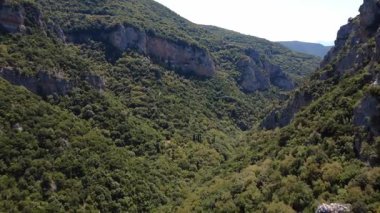 Lousios Nehri vadisi, sarp kayalıklar ve sık ormanlarla dağlık Yunanistan 'da ortaya çıkıyor. Uzakta, Yunanistan, Avrupa 'da bir Ortodoks Hıristiyan bölgesi olan Vaftizci Aziz Yahya' nın tarihi uçurum kenarı manastırı duruyor..