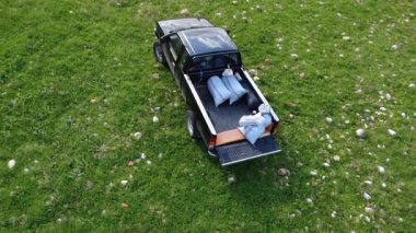 Yunanistan, Avrupa 'daki zeytin koleksiyonundan toplanmış, taşlarla ve çimlerle dolu eğimli bir çayıra park edilmiş, izole edilmiş bir pikap. Çiftlik lojistik ve kırsal çalışma ortamı kavramı.