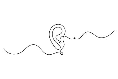 İnsan kulağı, beyaz arka planda minimalist taslak çizerek sürekli bir çizgi çizer.