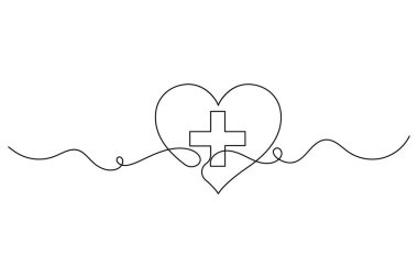 Kalp şeklindeki tıbbi haç minimalist çizim ve taslak vektör çizimi