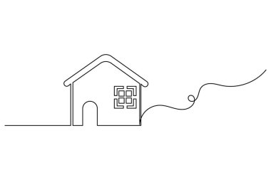 Beyaz arka planda pencere ve kapısı olan basit bir evin sürekli çizimi