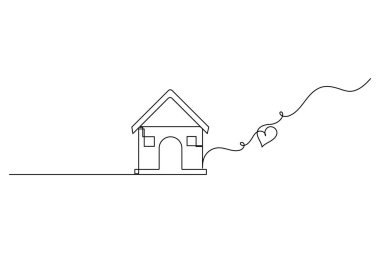 Aile sevgisi ve güzel ev kavramı için aralıksız tek bir çizgi çizen kalp sembollü bir ev.