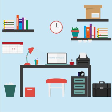 Ev işyeri düz vektör tasarımı. Serbest Çalışanlar ve Ev İşleri İçin Çalışma Alanı.