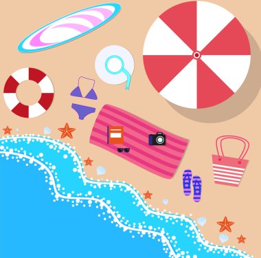 Yaz plaj düz tasarımı, deniz tarafında