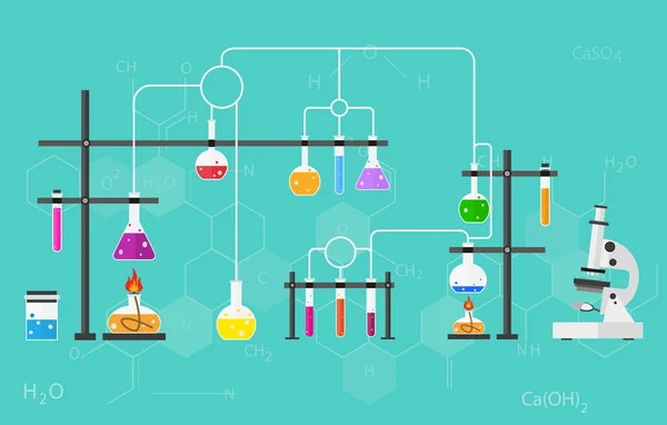 Kemister forskare utrustning. platt design arbetsytan koncept. — Stock vektor