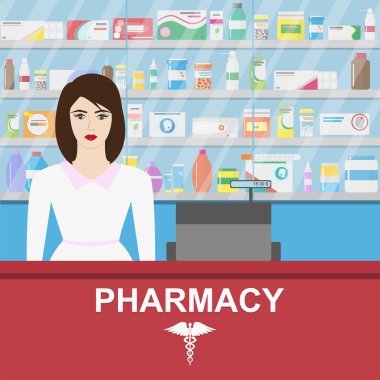 Eczane vektör Infographic öğeleri. Kadın eczacı ilaçlar vitrinde gösterir..