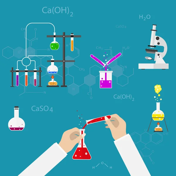 化学家科学家设备。平面设计工作区概念. — 图库矢量图片