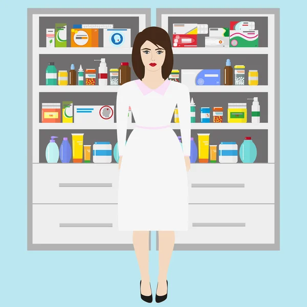 Φαρμακείο φορέα infographic στοιχεία. Γυναίκα φαρμακοποιό δείχνει φάρμακα σε βιτρίνα. — Διανυσματικό Αρχείο
