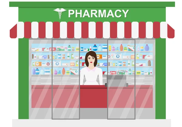 Pharmacy vector infographic elements. Woman pharmacist shows medications on showcase. — Stock Vector
