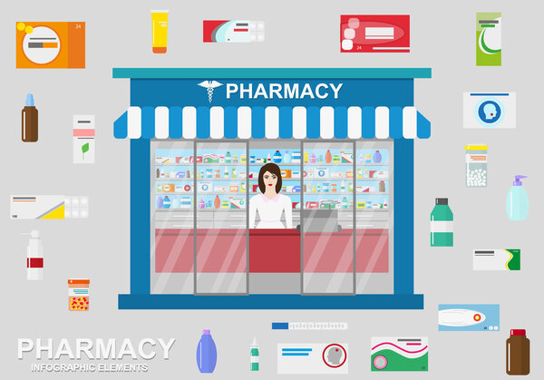 Pharmacy vector infographic elements. Woman pharmacist shows medications on showcase.